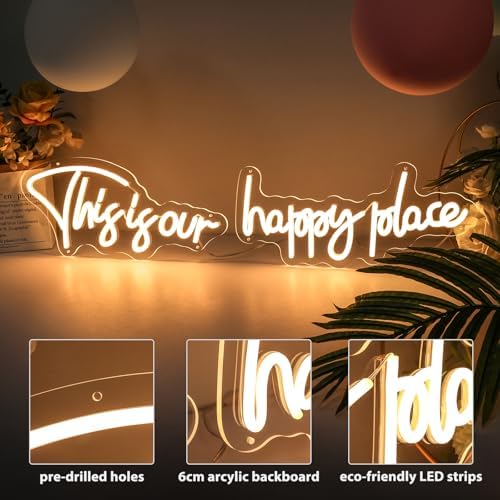 30×8 Inch This is Our Happy Place Neon Signs with Timing Remote, Warm White Led Light UP Sign for Wall Decor for Bedroom, Bar, Cafe, Office, Cave - Image 6