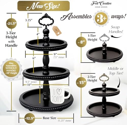 [3-in-1] Wooden Tiered Tray Stand - Beaded 3 Tiered Tray Decor Wood Cupcake Stand for Farmhouse Country Rustic Home - 3 Tier Stand [with 3 Changeable Handles] by Felt Creative Home Goods (Black) - Image 5