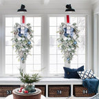 30" Christmas Teardrop Swag for Front Door Artificial Winter Swag Garland with Pine Cones, Berry Clusters, Blue Ball Ornaments and Ribbons for Thanksgiving Holiday Christmas Decoration - Image 6