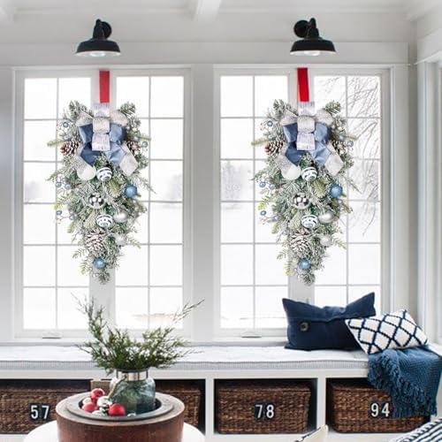 30" Christmas Teardrop Swag for Front Door Artificial Winter Swag Garland with Pine Cones, Berry Clusters, Blue Ball Ornaments and Ribbons for Thanksgiving Holiday Christmas Decoration - Image 6