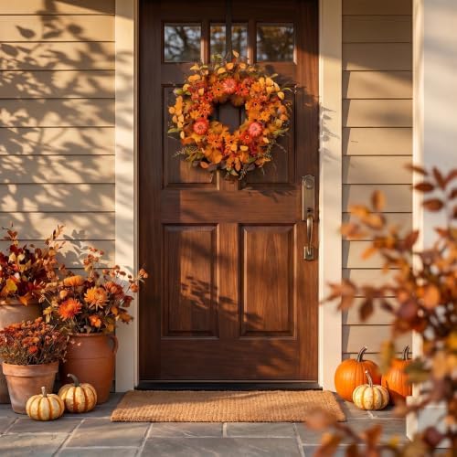 Artificial Fall Wreath 22 Inch Fall Wreaths for Front Door with Orange Pumpkins Berries Daisies Eucalyptus Leaves Autumn Door Wreaths for Thanksgiving Harvest Festival Wall Porch Farmhouse - Image 2
