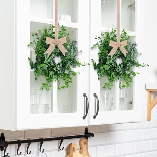 8 Pcs Mini Boxwood Wreath Green Table Centerpieces Spring Pillars Candle Rings Wreaths 9 Inch Wreath for Cabinets Farmhouse Wreaths with Ribbon for Front Door Porch Wall Window Decorations - Image 5