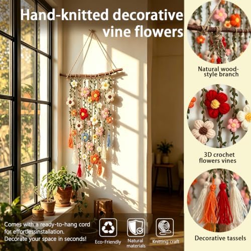 Handmade Crochet Flower Wall Hanging Boho Crochet Flower Wall Decor Cotton Floral Decor 17.72IN Macrame Wall Art Decor for Apartment Bedroom Nursery Backdrop Dorm Living Room - Image 3