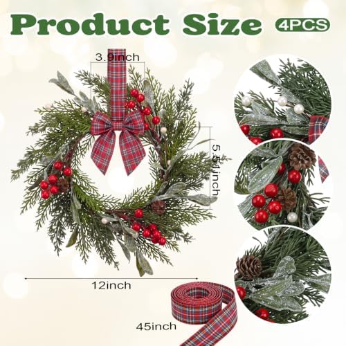 Riceshoot 12" Small Christmas Wreath for Chair Mini Cabinet Wreath with Bow - Image 2