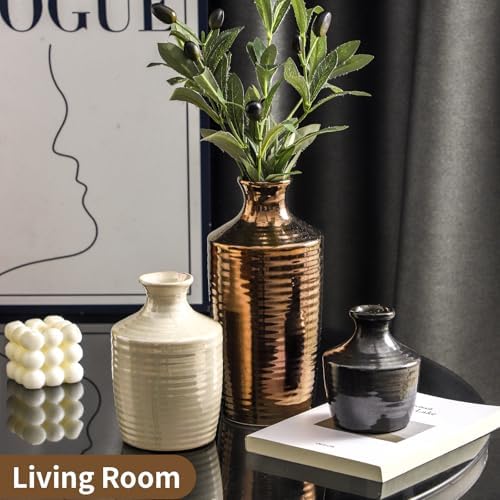 Set of 3 Ceramic Vases for Home Decor - Metallic Color Modern Handcrafted Flower Vases for Living Room, Kitchen, Bedroom, Bathroom and Office - Decorative Vase - Table Centerpieces for Home Decor - Image 3