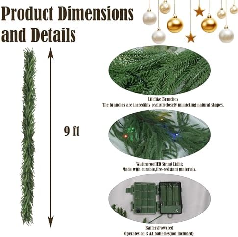 TW SHINE 9 FT Pre-Lit Christmas Garland Decorations, 50 LED Lighted Artificial Norfolk Pine Garlands with 8 Modes, Green Garland for Indoor Outdoor Table Mantle Stairs Fireplace Decor, Multi-Colored - Image 2