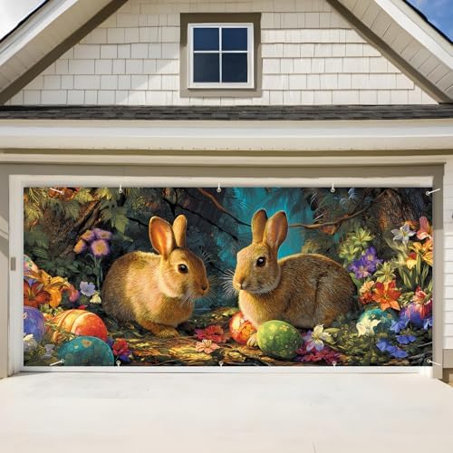 Easter Bunnies and Eggs Garage Door Banner 7x16FT, Cute Bunnies and Colorful Eggs Outdoor Spring Holiday Decoration for Yard and Garage by ANNAQUEEN