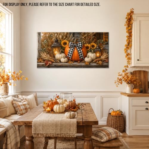 WAXWHELK Pumpkin Fall Canvas Wall Art, Lanterns Sunflowers and Gingham Bow Rustic Farmhouse Painting Pictures, Pumpkin Autumn Thanksgiving Artwork Decor for Bedroom Living Room (30"x60") - Image 3