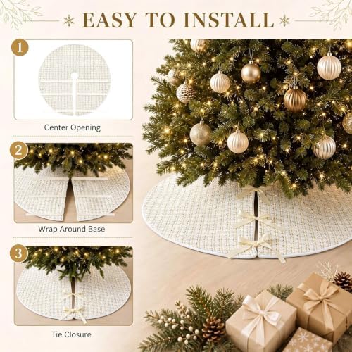 Blueweenly 48 Inch Christmas Tweed Tree Skirt Faux Vintage Linen Cream White Tree Skirt Rustic Farmhouse Trees Skirts for Christmas Trees Winter Holiday Decorations - Image 3
