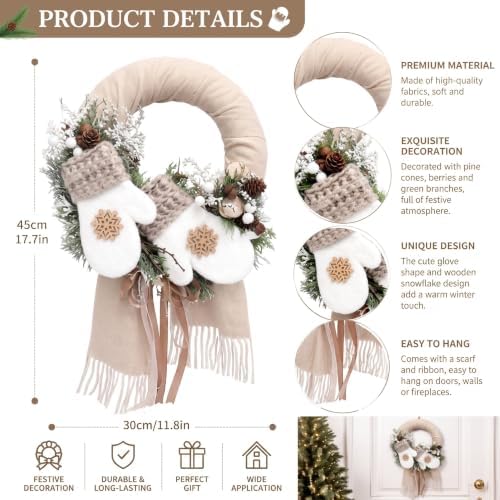 Suncalla 20" Winter Farmhouse Wreath Xmas Door Decor Snowflake Gloves - Image 3