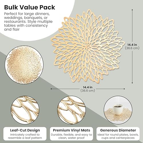 Juvale 20-Pack Gold Vinyl Placemats - Round Leaf Design Table Chargers for Dining Table Settings (14.4 Inches Place Mat) - Image 3