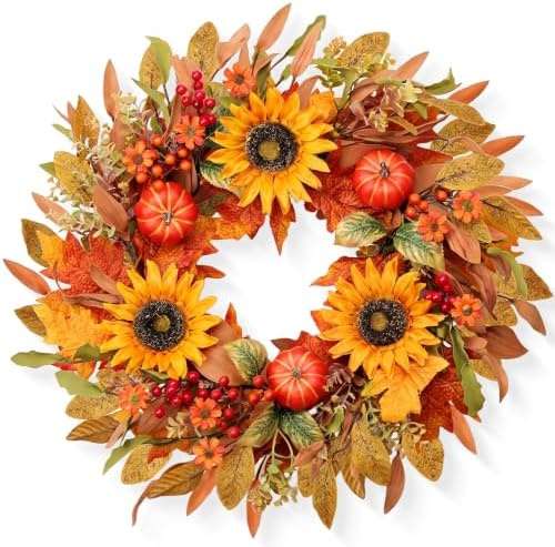 zjlmit Fall Wreaths for Front Door 24 Inch Artificial Fall Wreath with Orange Pumpkins Berries Maple Leaves and Grapevine Base Autumn Sunflower Wreath for Porch Harvest Festival Thanksgiving Day Decor by zjlmit