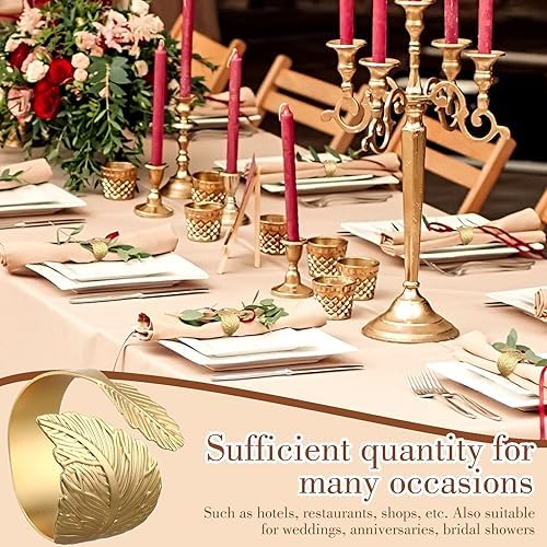 Bokon 100 Pcs Gold Napkin Rings, Metal Leaf Shaped Holders for Wedding - Image 4