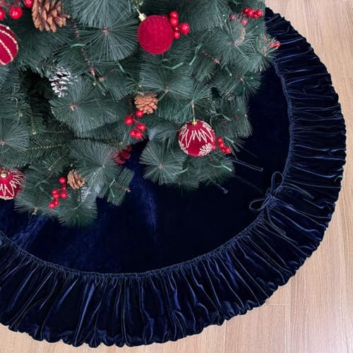60-Inch Ruffled Velvet Christmas Tree Skirt, Navy Blue by StarryDynamo