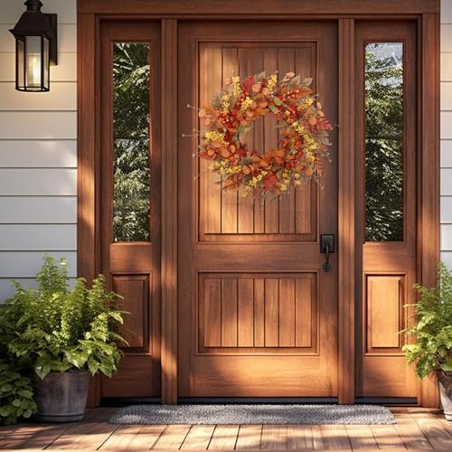 22 inch Artificial Fall Wreaths for Front Door,Autumn Wreath with Large red Berries and Fall Leaves Suitable for Indoor Outdoor Wall Porch Harvest Festival Thanksgiving Day Farmhouse Holiday Decor. - Image 4