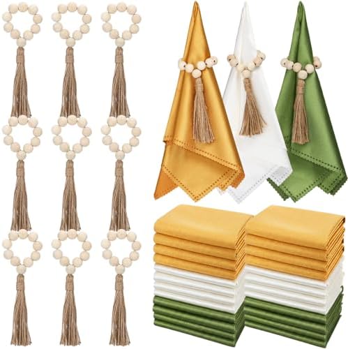 LemonRoad 36 Pcs Napkin Rings Set 12 Wood Bead Napkin Rings, 24 Cloth Napkins Boho Farmhouse Table Decorations Dinnerware Sets, Banquet, Wedding, Holiday Dinner Party by Unknown