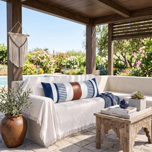 14x36 Lumbar Pillow Cover, Navy Blue Stripe and Brown Faux Leather Color Block Long Throw Pillow Case for Couch Bed Sofa, Farmhouse Modern Decorative Body Cushion Cover for Covered Porch - Image 7