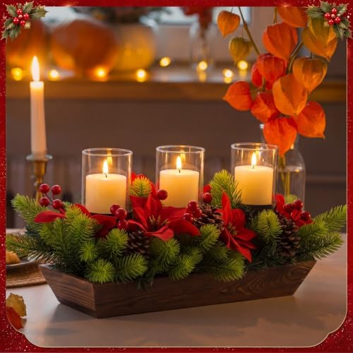 3 Pillar Christmas Table Centerpiece Christmas Candle Holder Artificial Poinsettia with Steel Base Frosted Arrangement for Home Decor - Image 3