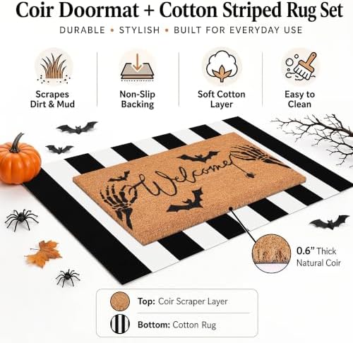 Halloween Welcome Door Mat Combo Set, Skeletal Hand Coco Coir Doormat -28" x 43" Black and White Striped Rug, Autumn Front Porch Entryway Decor Floor Mat - Image 2