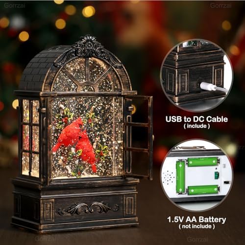 Cardinal Snow Globe Lantern Christmas Snow Globes Arched Window Shape Christmas Decorations Indoor for Home Timer Christmas Music Box, USB and Battery Powered - Image 3