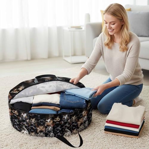 Cat Round Storage Bag 24 Inch, Pet Animal Cat Ears Eyes Clothes Storage Container with Handles Heavy Duty Organizer for Comforter, Bedding & Holiday Wreaths - Image 3