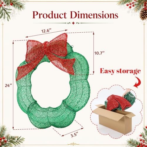 Baquler 24 Inch Pre-lit Christmas Wreath Outdoor Metal with Red Green LED - Image 2