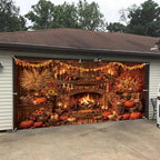 8X7Ft Fall Garage Door Cover Decorations, Autumn Pumpkin Rustic Fireplace Leaves Backdrop Door Cover Fall Thanksgiving Wall Banner Backdrop Background for Home Window Patio Yard - Image 3