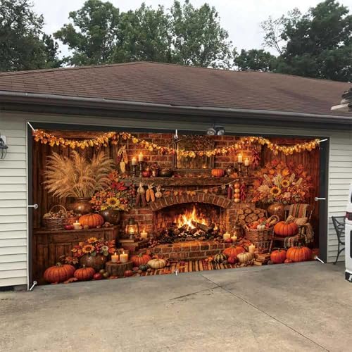 8X7Ft Fall Garage Door Cover Decorations, Autumn Pumpkin Rustic Fireplace Leaves Backdrop Door Cover Fall Thanksgiving Wall Banner Backdrop Background for Home Window Patio Yard - Image 3