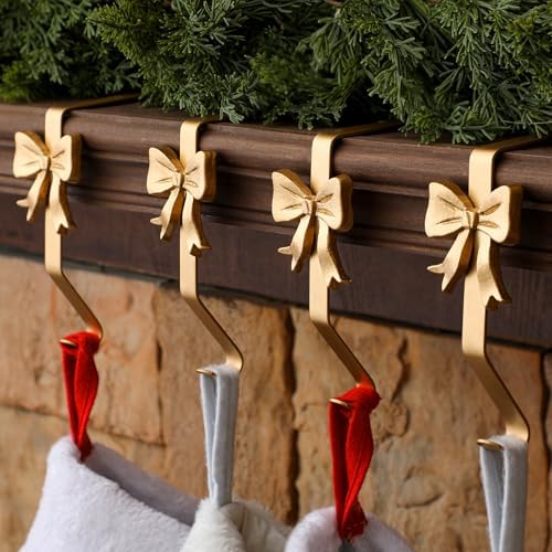 Shimeyao 8 Pcs Brass Bow Christmas Stocking Holders, Vintage Mantle Hooks by Shimeyao