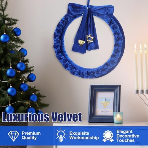 Daifunli 22 Inch Hanukkah Velvet Wreath with Bow Blue Door Decoration - Image 5