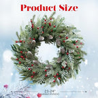 24 Inch Snow Flocked Christmas Wreath with Pine Cones & Red Berries - Image 4