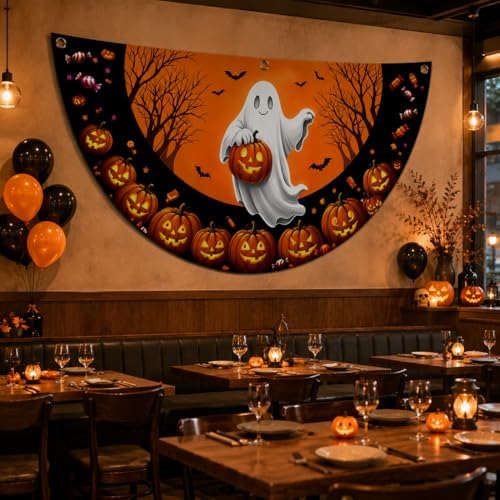 Halloween Half fan Banner Decorative Flag, Ghost Pumpkin Halloween Porch Sign, 100D Polyester Fabric, Fade Resistant, Stain Resistant, Foldable Seasonal Hanging Decor for Front Door, Wall, Window, Indoor Outdoor Party Decoration (3X6FT 2-Pack) - Image 6