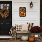 Decorative Tin Sign Vintage Metal Tin Sign Welcome Pumpkins Sunflowers Wheat Ornate Wood Background Autumn Wall Decor for Entryway Living Room 6×8 Inches with Metal Frame - Image 3