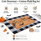 Halloween Welcome Door Mat Combo Set, Skeletal Hand Coco Coir Doormat - 3'x5' Black and White Plaid Rug, Autumn Front Porch Entryway Decor Floor Mat - Image 2
