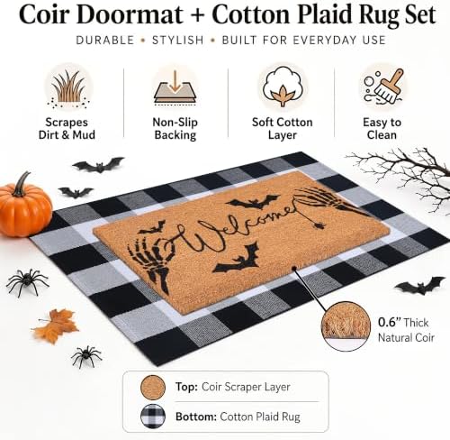 Halloween Welcome Door Mat Combo Set, Skeletal Hand Coco Coir Doormat - 3'x5' Black and White Plaid Rug, Autumn Front Porch Entryway Decor Floor Mat - Image 2