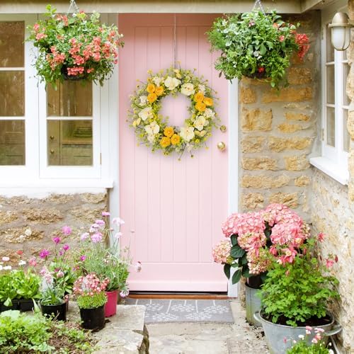 24 Inch Spring Yellow Floral Wreath for Front Door, Artificial Camellia & Orchid Wreath with Eucalyptus Greenery, Farmhouse Door Decor for Spring Summer Wedding Wall Window - Image 2