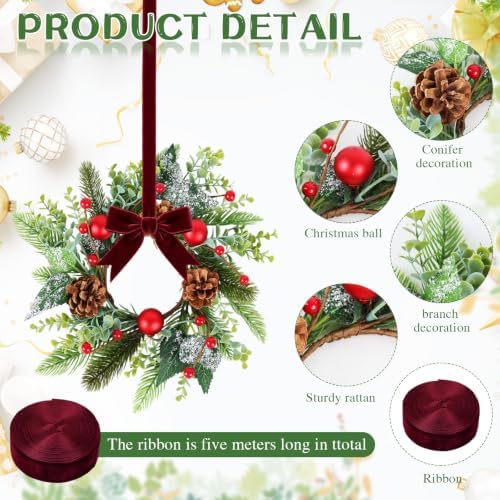 10 PCS Mini Christmas Wreaths for Cabinets 9" Christmas Kitchen Cabinet Small Wreaths with Red Ball Red Berry Pine Needles for Indoor Outdoor Farmhouse Home Wall Window Festival Wedding Decor - Image 4