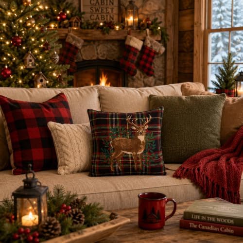 C&F Home Embroidered Deer On Botanical Berries Plaid Christmas Throw Pillow 12" x 12" 12" x 12" Red - Image 4