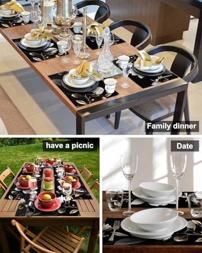 Gorgeous Flowers Placemats Set of 6, White Gold Floral Botanicals Black Woven Placemat Washable Wipeable Table Placemat with Pocket, Holiday Cloth Table Mat for Party Kichen Dinner - Image 5