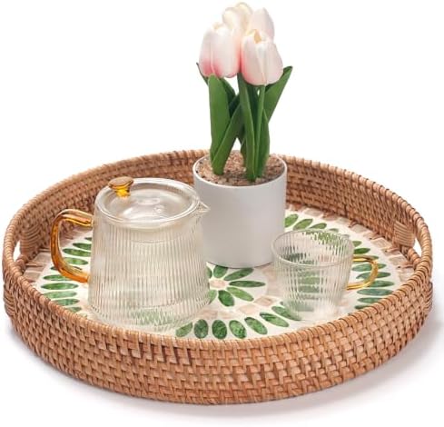 YANGQIHOME Round Serving Tray with Decorative Mother of Pearl Inlay, Wicker Tray for Home Decor, Table Decor, Gifts, Dining, Woven Tray for Food, Fruit, Coffee, 13.8 inch - Image 6