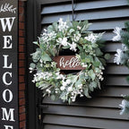 Winter Wreaths Front Door, Soomeir 24 Inch Winter Door Wreath with Snow Leaves, Pines Needles and Hello Wooden Sign for Home Window Mantle Indoor Outdoor Decor - Image 5