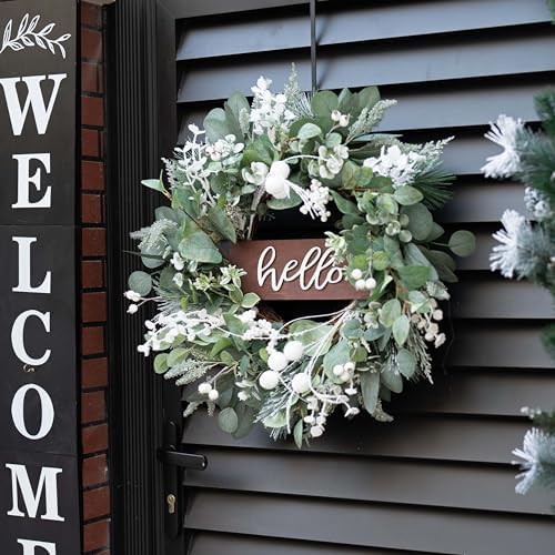 Winter Wreaths Front Door, Soomeir 24 Inch Winter Door Wreath with Snow Leaves, Pines Needles and Hello Wooden Sign for Home Window Mantle Indoor Outdoor Decor - Image 5
