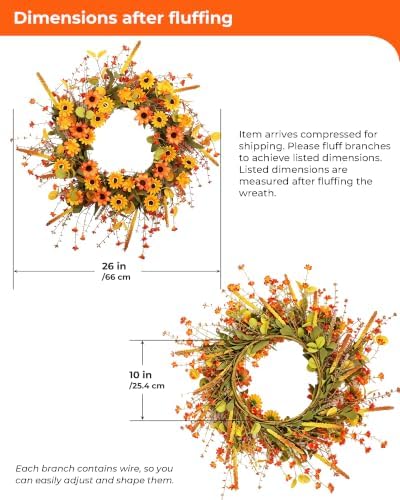 Fall Wreath for Front Door 26 inch Autumn Sunflower Harvest Outdoor - Image 4