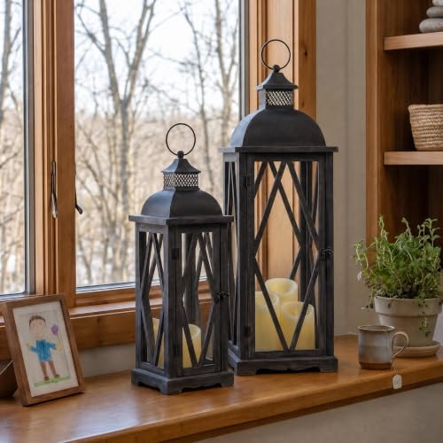 Perfnique Farmhouse Outdoor Lanterns for Patio, Set of 2 Rustic Lanterns Decor, Vintage Hanging Candle Holder Decorative for Porch, Garden, Yard, Indoor (No Glass, Dark Brown) - Image 3
