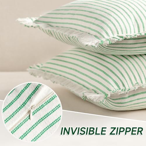 ZWJD Throw Pillow Covers 26x26 Set of 2 Green Striped Pillow Covers with Fringe Chic Cotton Decorative Pillows Square Cushion Covers for Sofa Couch Bed Living Room Farmhouse Spring Decor - Image 3