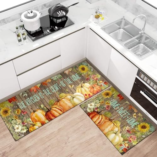 Fall Thanksgiving Pumpkin Kitchen Rugs Set of 2, Hello Pumpkins and Sunflowers Thankful Farmhouse Floor Mats and Rugs Non Skid Washable for Kitchen Home Decor (17"x47"+17"x30") - Image 2
