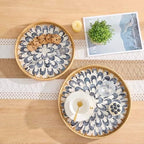 Round Rattan Tray with Mother of Pearl Inlay, Rattan Serving Tray with Wooden Base, Decorative Wicker Basket for Table Decor, Storage and Display of Coffee Bread Food Fruit (Plume 13.5") - Image 2