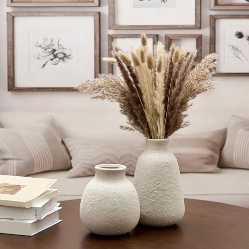 Ceramic Vase Set of 2 for Home Decor, 6.1"+8.23" Handcrafted Off-White Rustic Terracotta Vases, Vintage Farmhouse Decor, Minimalist Decorative Vases for Table Centerpiece Fireplace Nightstand - Image 4