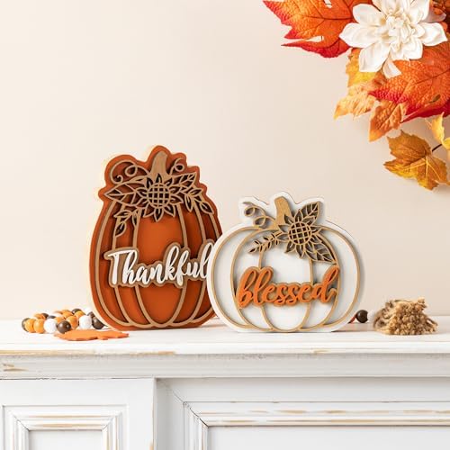 Glitzhome Thanksgiving Wooden Pumpkin Decor Set of 2 (6" & 8" H) - Blessed & Thankful Farmhouse Table Sign Decor, Fall Pumpkin Blocks for Holiday Home Decor Accents Centerpiece by Glitzhome