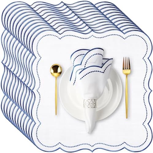 Hahafelt 12 Set Scalloped Cloth Napkins, Embroidery Polyester, Navy Blue by Hahafelt